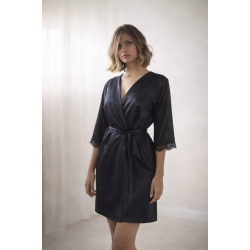 La Nuit 20111, Σατέν Ρόμπα με τελείωμα δαντέλα, Σταυρωτή με ζώνη, ΜΑΥΡΟ