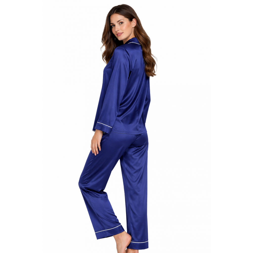 HARMONY 20-23971, Πυτζάμα σατέν σε κλασσική γραμμή με μακρύ παντελόνι και σακάκι,ΜΠΛΕ