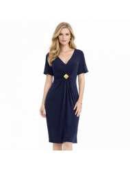 Φόρεμα Midi Vamp 6285, με κοντό μανίκι από βισκόζι με διακοσμητική μπρονζέ καρφίτσα, ΜΠΛΕ ΣΚΟΥΡΟ