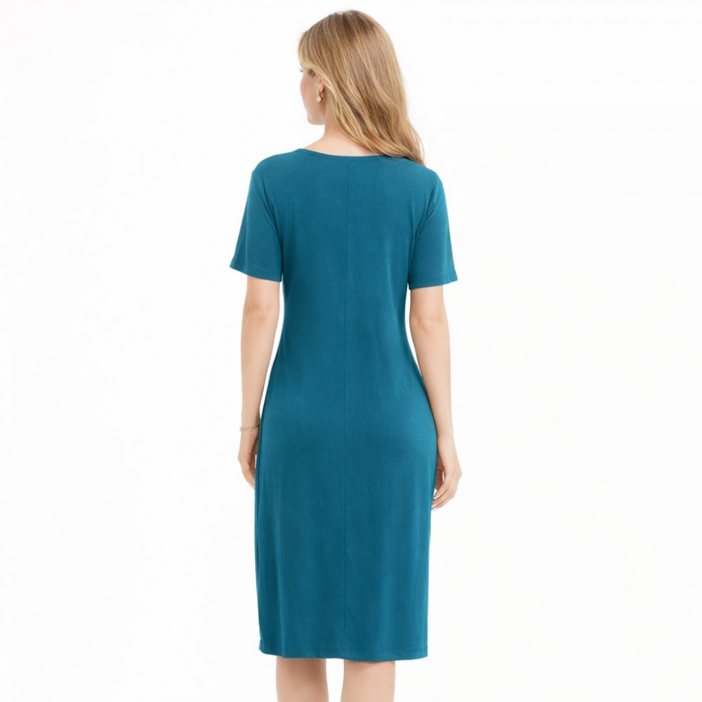 Φόρεμα Midi Vamp 6285, με κοντό μανίκι από βισκόζι με διακοσμητική μπρονζέ καρφίτσα, ΜΠΛΕ ΡΑΦ