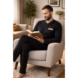 Ανδρική Πυζάμα Rafael A5024, με "V" λαιμόκοψη και μπεζ λεπτομέρειες ΜΑΥΡΟ