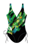 Ολόσωμο μαγιό Susa 4387, για μεγάλο στήθος, cup D,E,  σε μαύρο με πράσινο σχέδιο με ανοικτή λαιμόκοψη