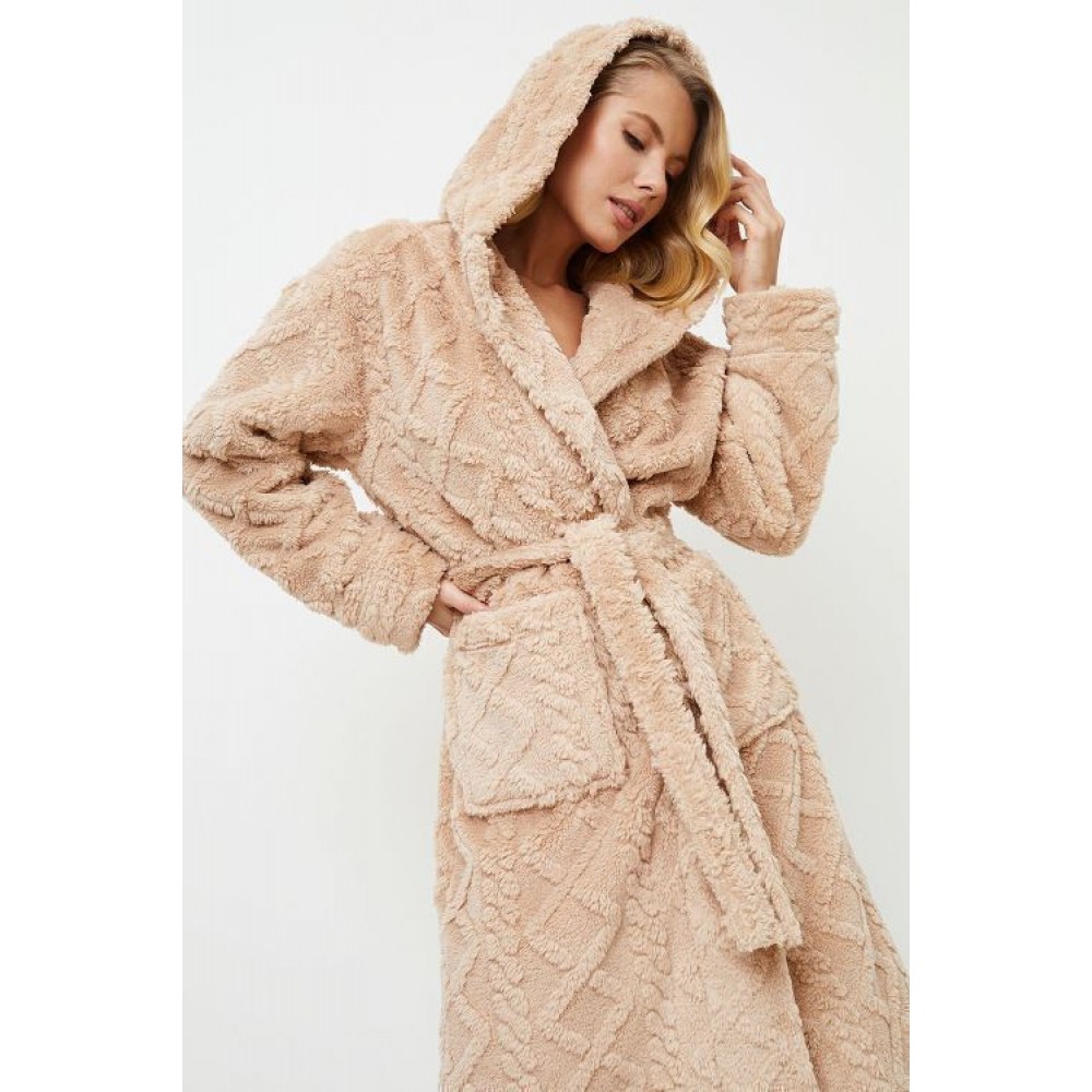 Aruelle ODETTE, Γυναικεία Midi Ρόμπα Fleece  με κουκούλα, σταυρωτή με τσέπες,  ΜΠΕΖ