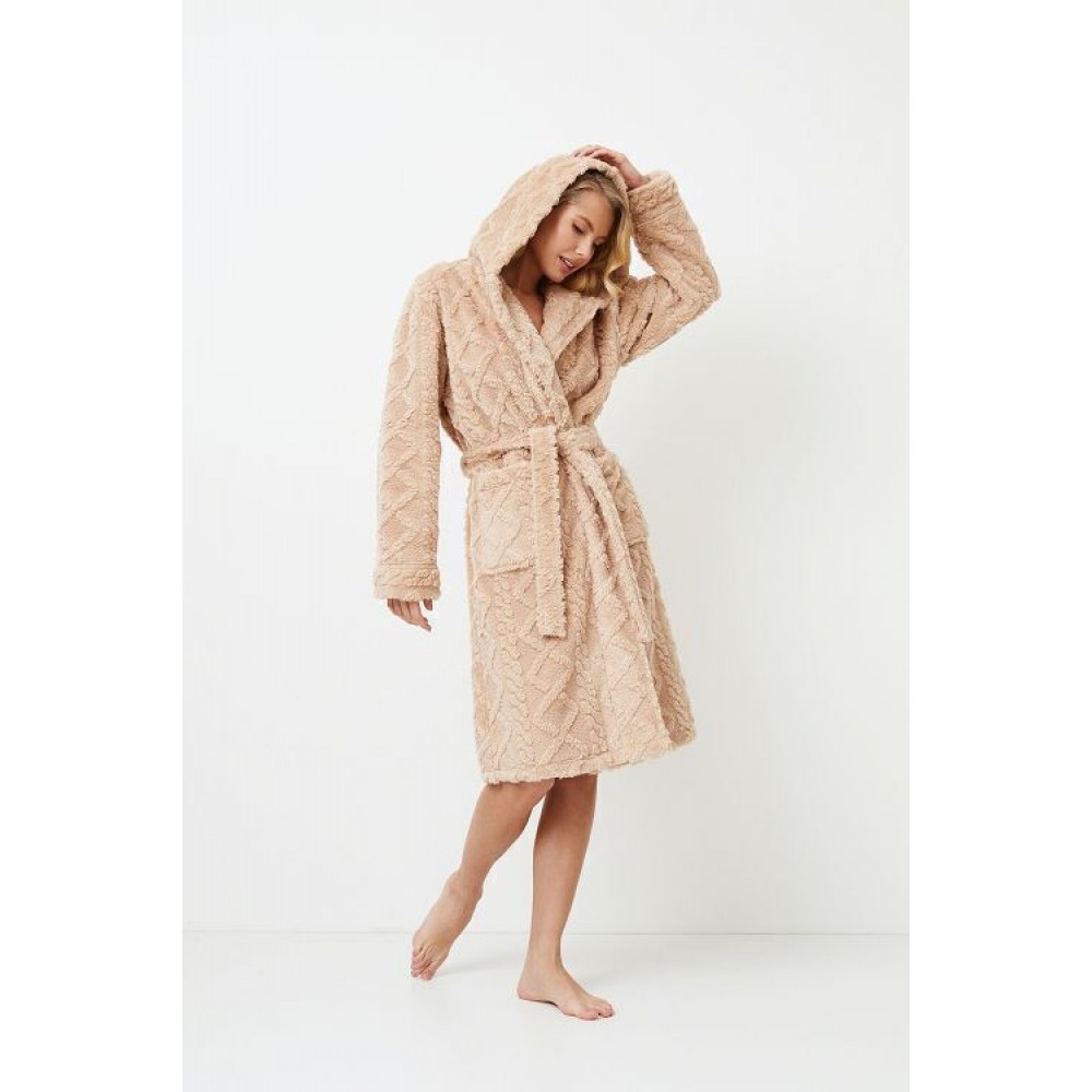 Aruelle ODETTE, Γυναικεία Midi Ρόμπα Fleece  με κουκούλα, σταυρωτή με τσέπες,  ΜΠΕΖ