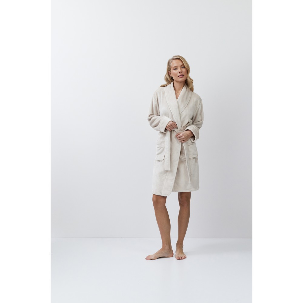 Aruelle "EVA", Γυναικεία Midi Ρόμπα Fleece, σταυρωτή με τσέπες, ΕΚΡΟΥ