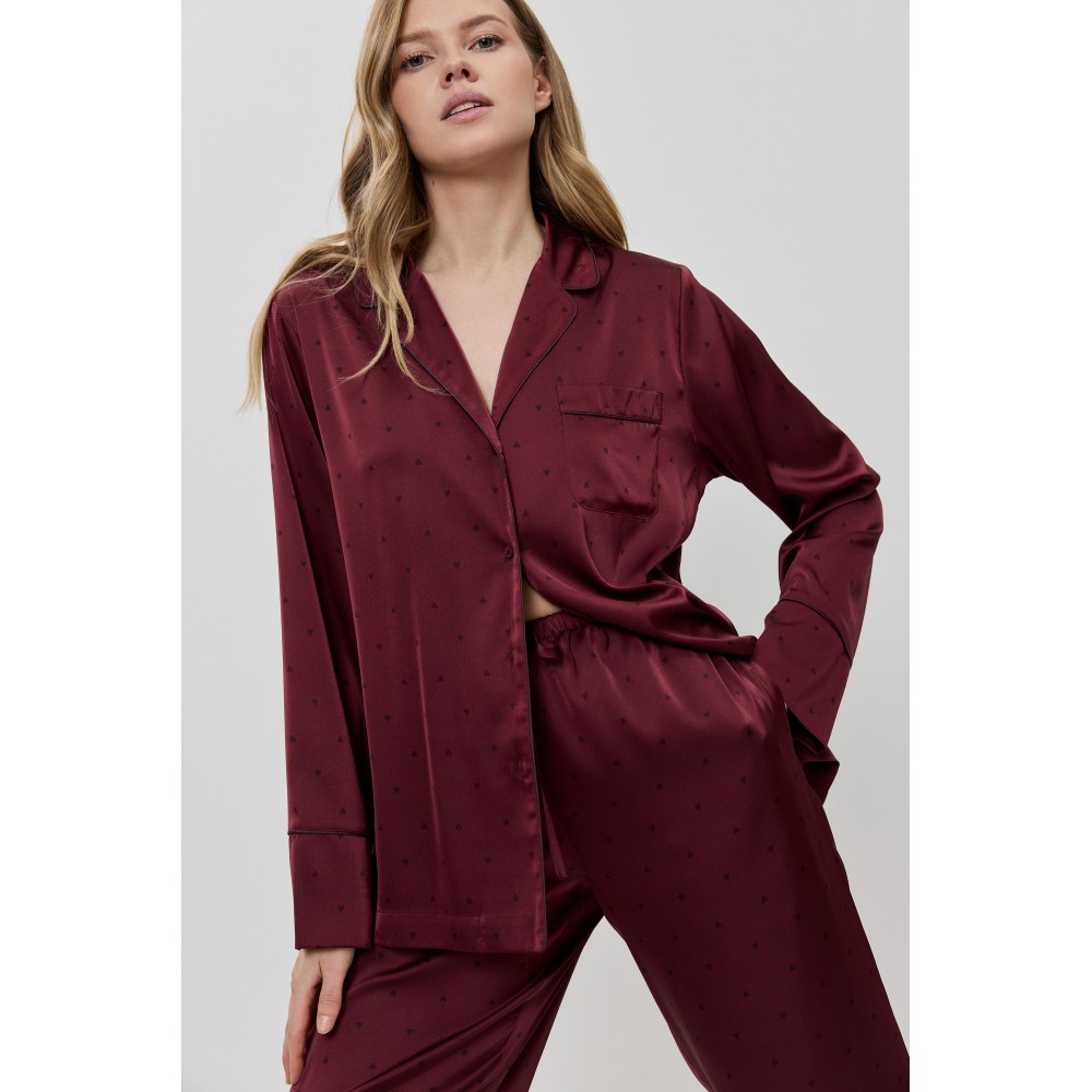 Aruelle Tessara PJ Long Γυναικεία Σατέν Πυζάμα με κουμπιά, BURGUNDY