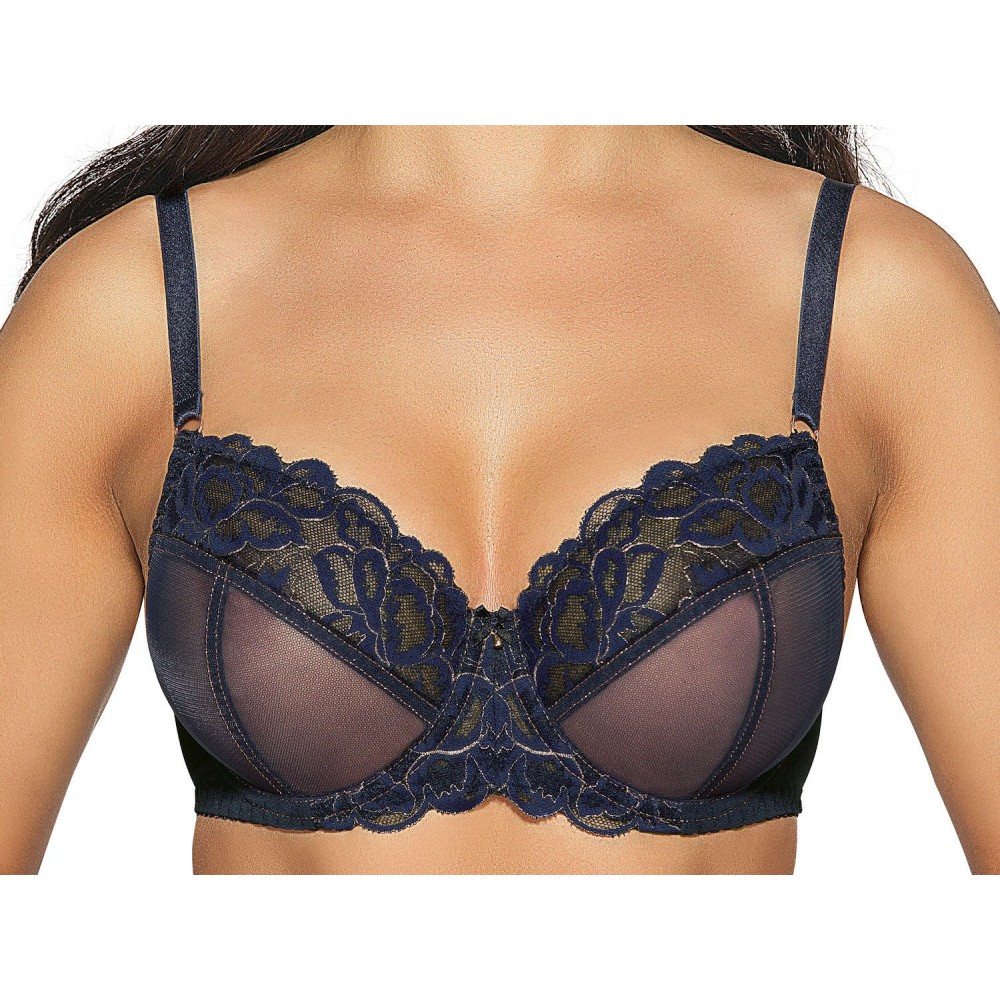 Ava Lingerie 1993   Γυναικείο Σουτιέν για μεγάλο στήθος, cup D, E, F, G από δαντέλα με χρυσοκλωστή ΜΠΛΕ