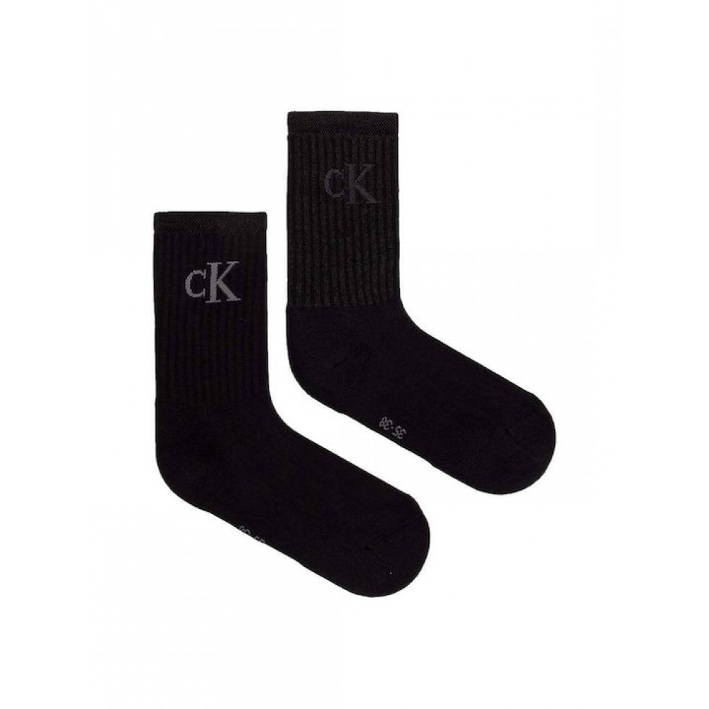 CALVIN KLEIN JEANS 701229467-001 CKJ WOMEN SOCK 2P GLOSSY RIB, Γυναικείες Κάλτσες με logo, ΜΑΥΡΟ