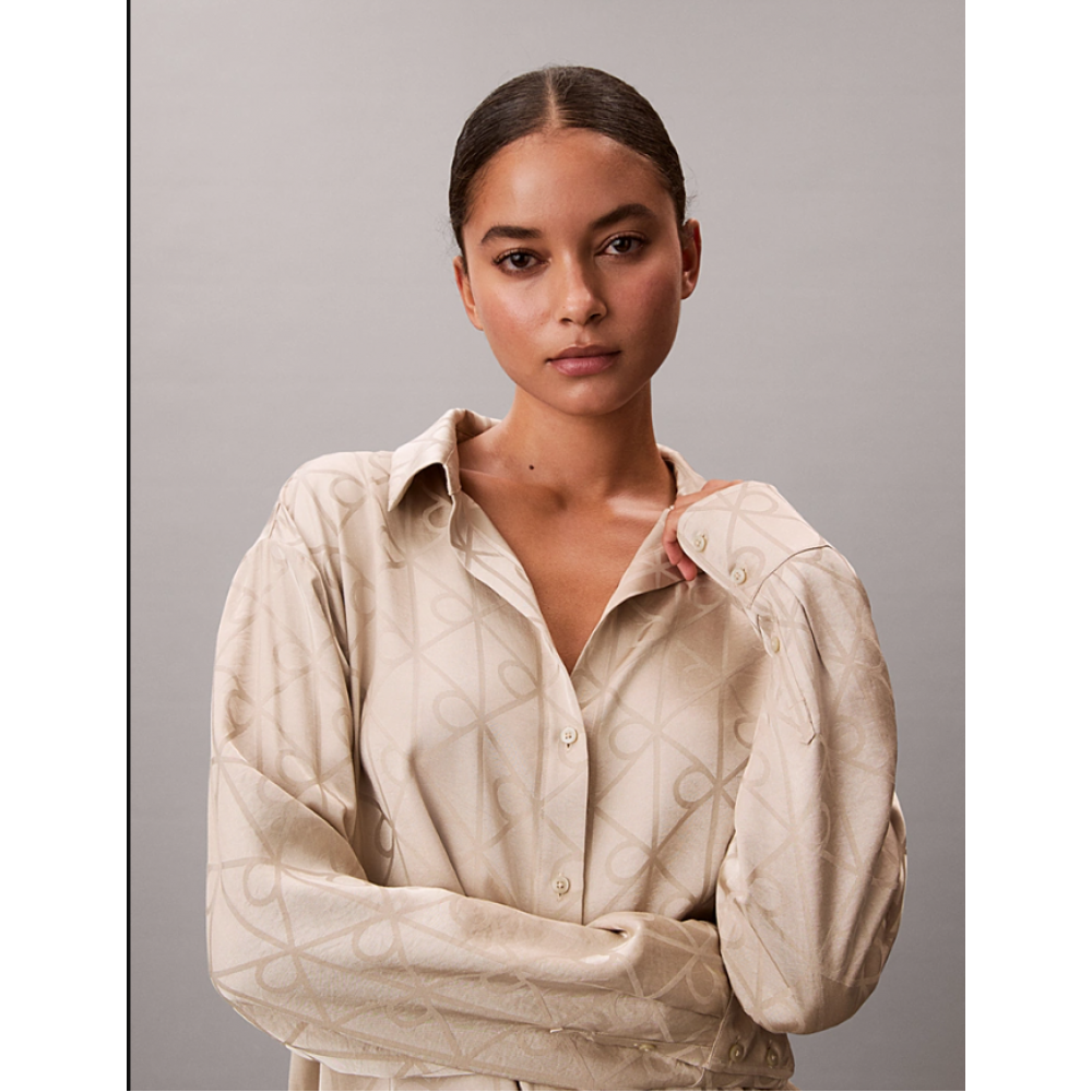 Calvin Klein LV00QS7574-2U5, Γυναικείo Σετ Πυτζάμα Σατέν με all over print, NUDE