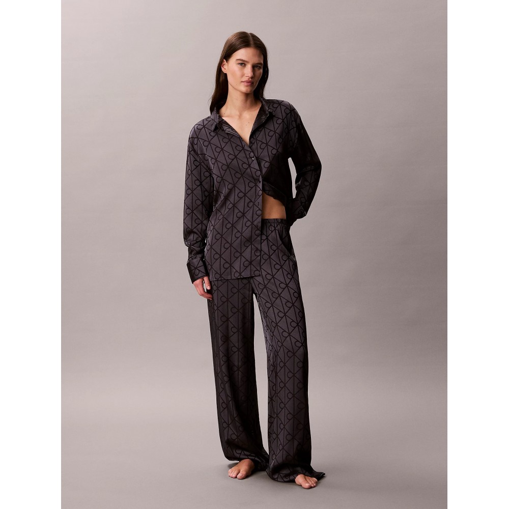 Calvin Klein LV00QS7729-ZN1, Γυναικείo Σετ Πυτζάμα Σατέν με all over print, SHINE EMBLEM BLACK