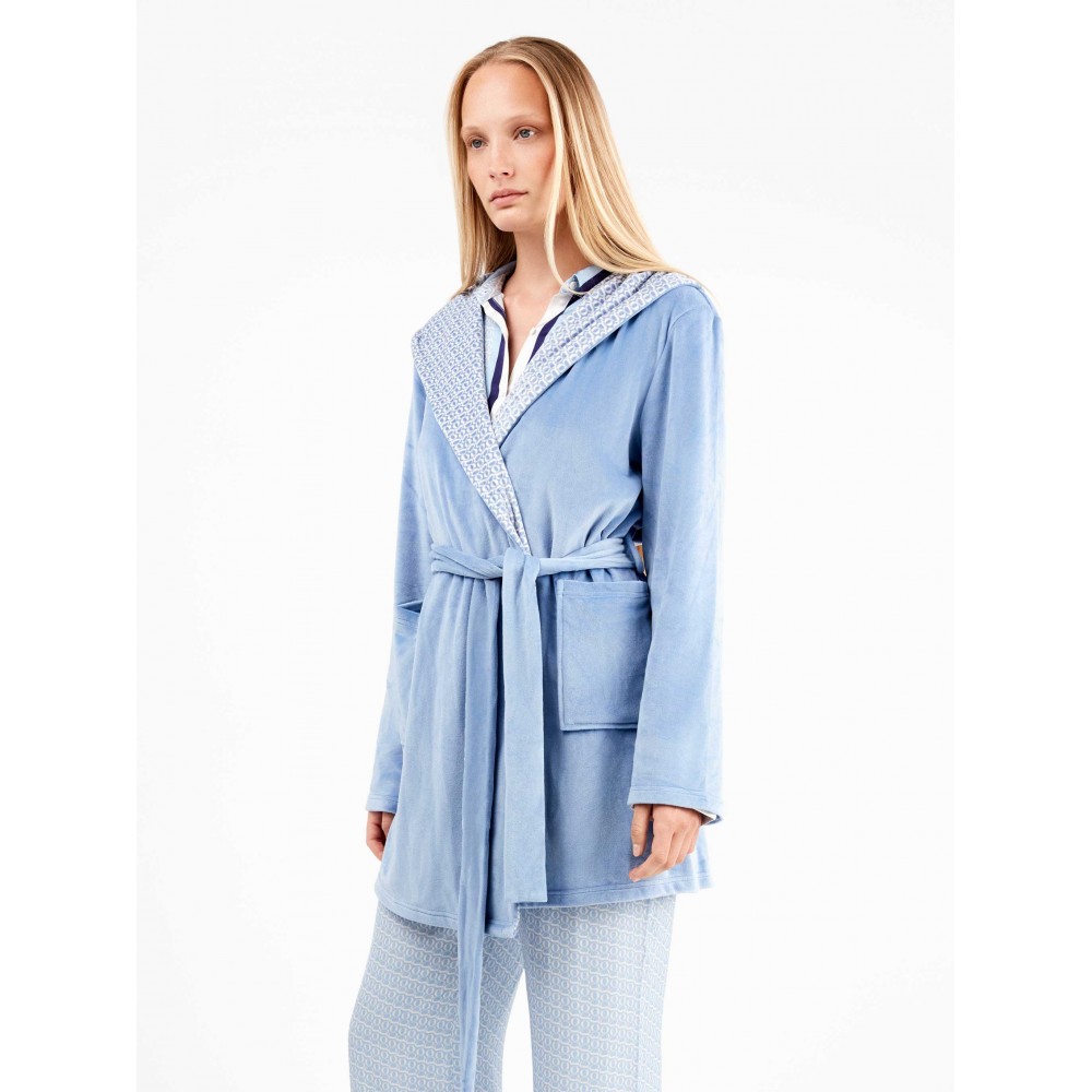 GISELA 2/20321, Γυναικεία Ρόμπα Fleece σταυρωτή με κουκούλα, ΣΙΕΛ