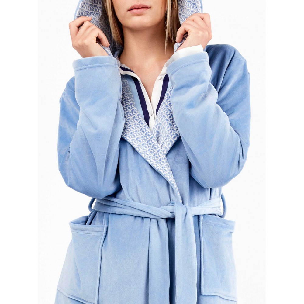GISELA 2/20321, Γυναικεία Ρόμπα Fleece σταυρωτή με κουκούλα, ΣΙΕΛ
