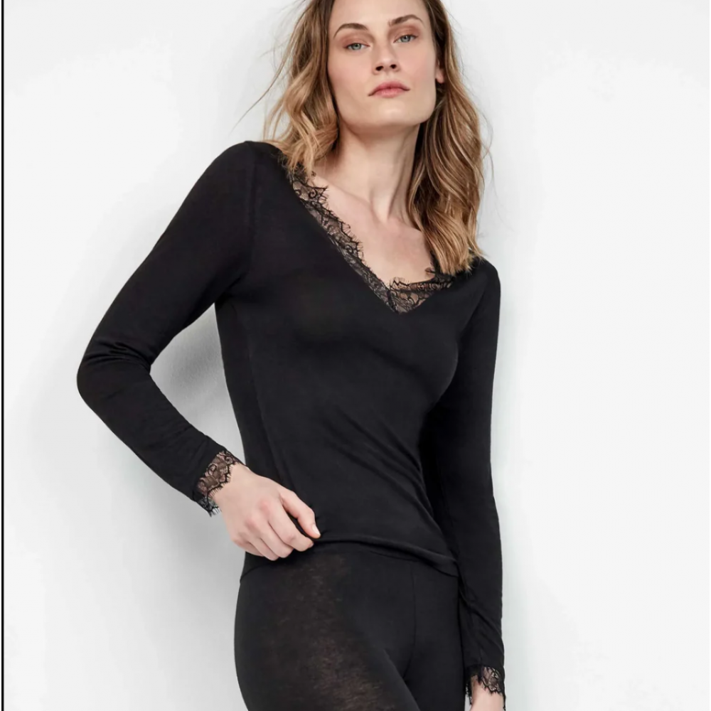 Gisela 1/10063T, Γυναικείο Ισοθερμικό Μπλουζάκι με μακρύ μανίκι και δαντέλα, ΜΑΥΡΟ