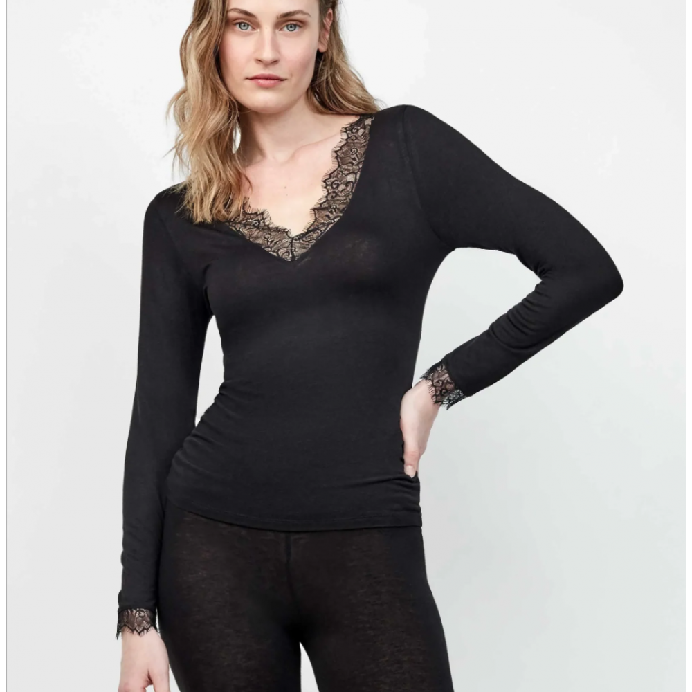 Gisela 1/10063T, Γυναικείο Ισοθερμικό Μπλουζάκι με μακρύ μανίκι και δαντέλα, ΜΑΥΡΟ