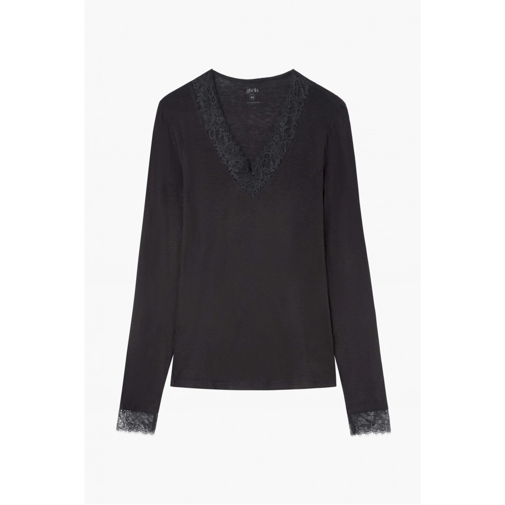 Gisela 1/10063T, Γυναικείο Ισοθερμικό Μπλουζάκι με μακρύ μανίκι και δαντέλα, ΜΑΥΡΟ