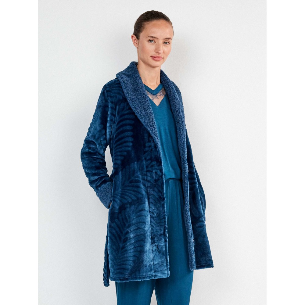 Gisela 2/20425, Γυναικεία Ρόμπα Fleece με κουμπιά και ζώνη, ΜΠΛΕ