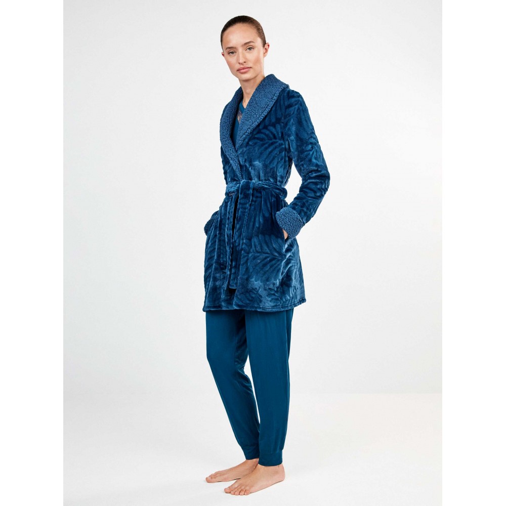 Gisela 2/20425, Γυναικεία Ρόμπα Fleece με κουμπιά και ζώνη, ΜΠΛΕ