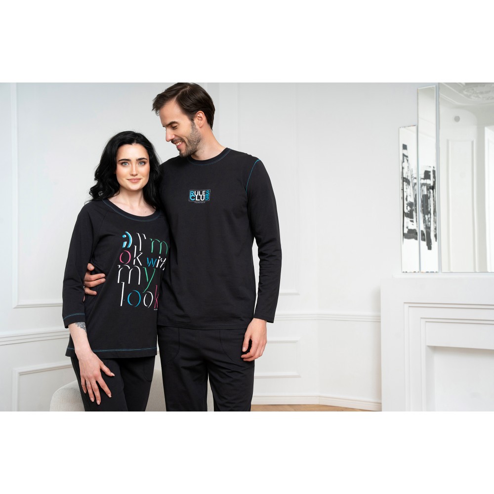 Γυναικεία Βαμβακερή Πυζάμα ITALIAN FASHION OLZA με print 'I'M OK WITH MY LOOK", ΜΑΥΡΟ
