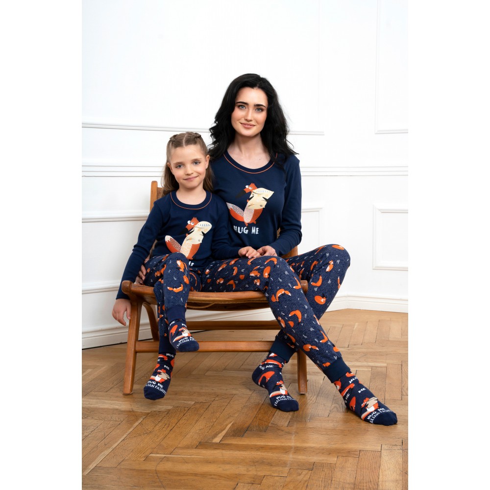 Γυναικεία Βαμβακερή Πυζάμα ITALIAN FASHION WASILLA με εμπριμέ παντελόνι και στάμπα "αλεπουδάκι" στη μπλούζα, ΜΠΛΕ ΣΚΟΥΡΟ