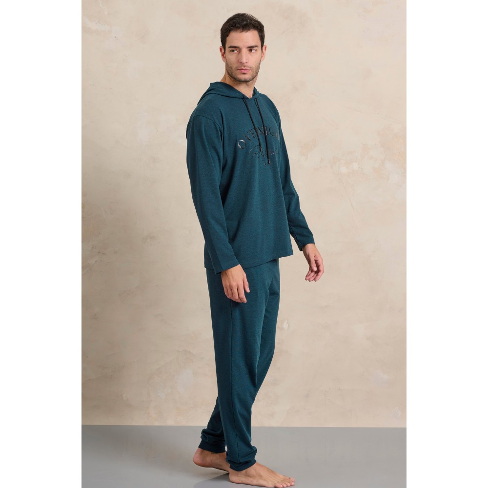 Ανδρική Φόρμα - Homewear Rafael A5526-PTL με κουκούλα και φάσα στα τελειώματα, ΠΕΤΡΟΛ