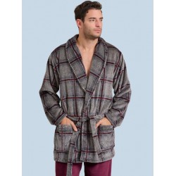 Rafael A5536, Ανδρική Ρόμπα Fleece Καρό, Σταυρωτή με ζώνη, ΓΚΡΙ ΚΑΡΟ