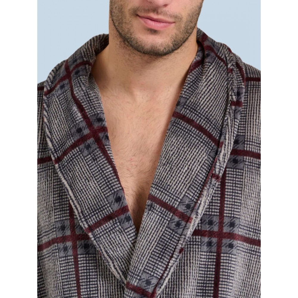 Rafael A5536, Ανδρική Ρόμπα Fleece Καρό, Σταυρωτή με ζώνη, ΓΚΡΙ ΚΑΡΟ