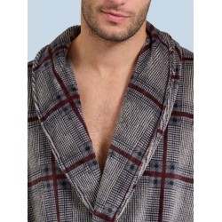 Rafael A5536, Ανδρική Ρόμπα Fleece Καρό, Σταυρωτή με ζώνη, ΓΚΡΙ ΚΑΡΟ