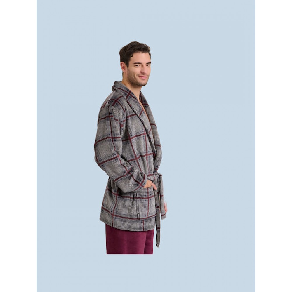 Rafael A5536, Ανδρική Ρόμπα Fleece Καρό, Σταυρωτή με ζώνη, ΓΚΡΙ ΚΑΡΟ