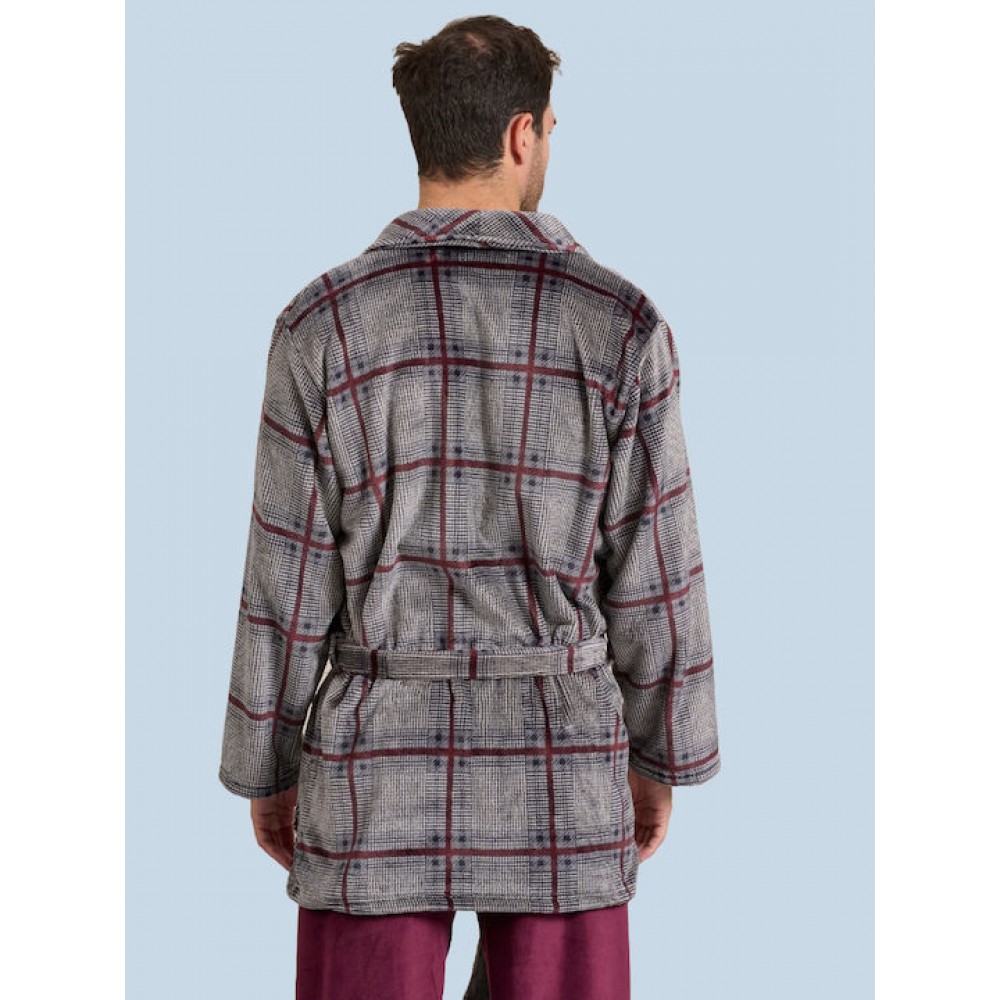 Rafael A5536, Ανδρική Ρόμπα Fleece Καρό, Σταυρωτή με ζώνη, ΓΚΡΙ ΚΑΡΟ