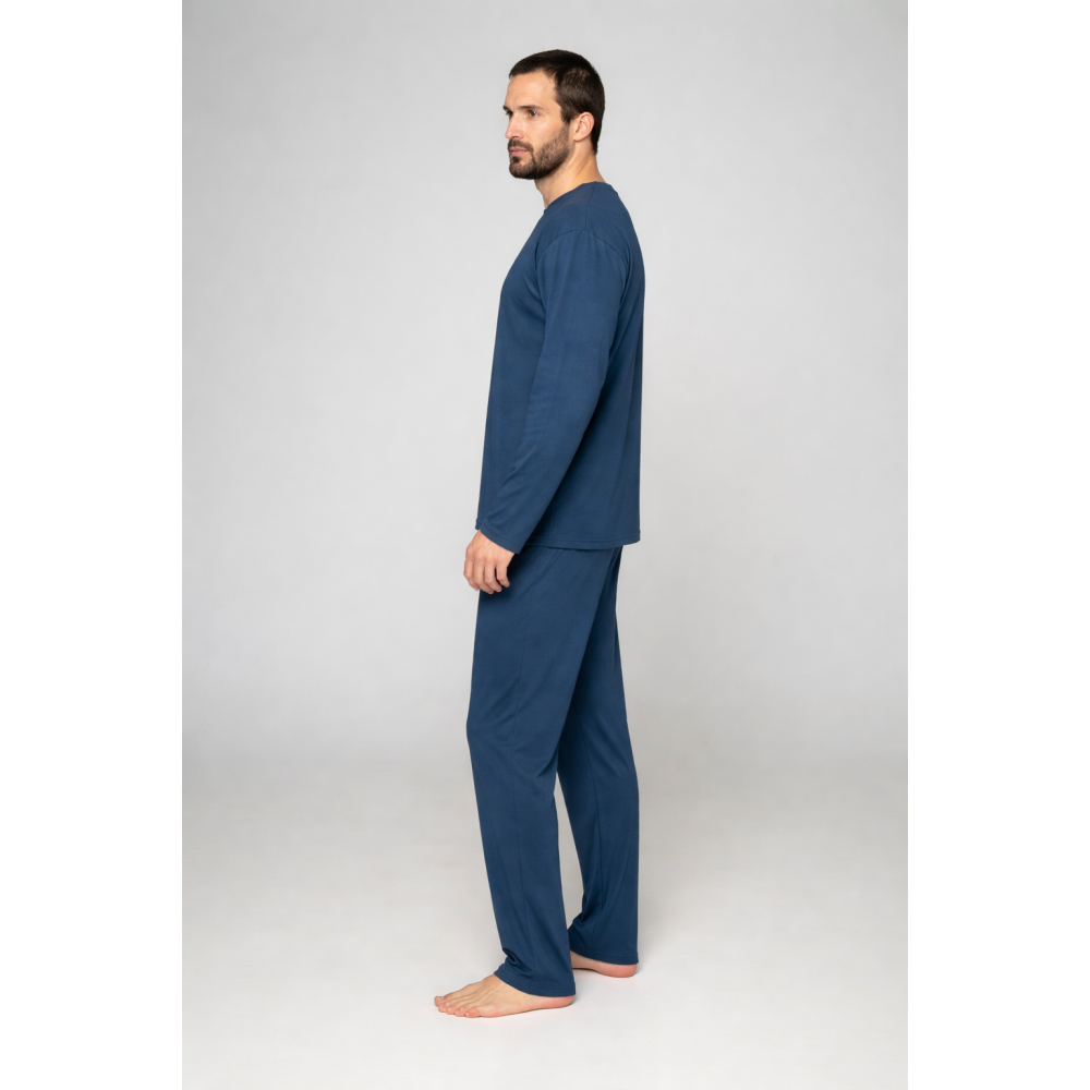 Ανδρική Πυζάμα Rafael A5021, με "V" λαιμόκοψη και κέντημα μπροστά, ΜΠΛΕ ΣΚΟΥΡΟ