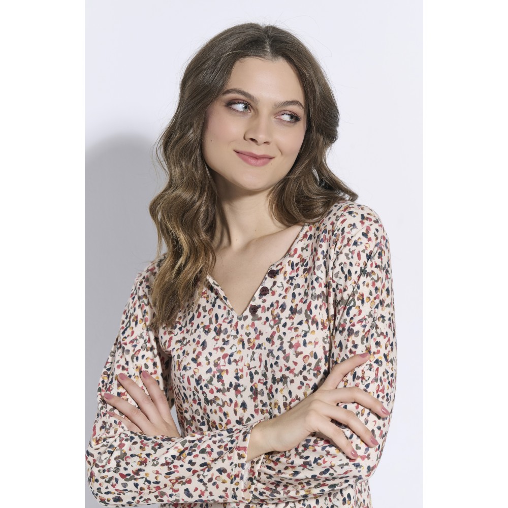 Jeannette 8123, Γυναικεία Βαμβακερή Πυτζάμα με μικρή λαιμόκοψη, ΕΚΡΟΥ/ΣΟΚΟΛΑ