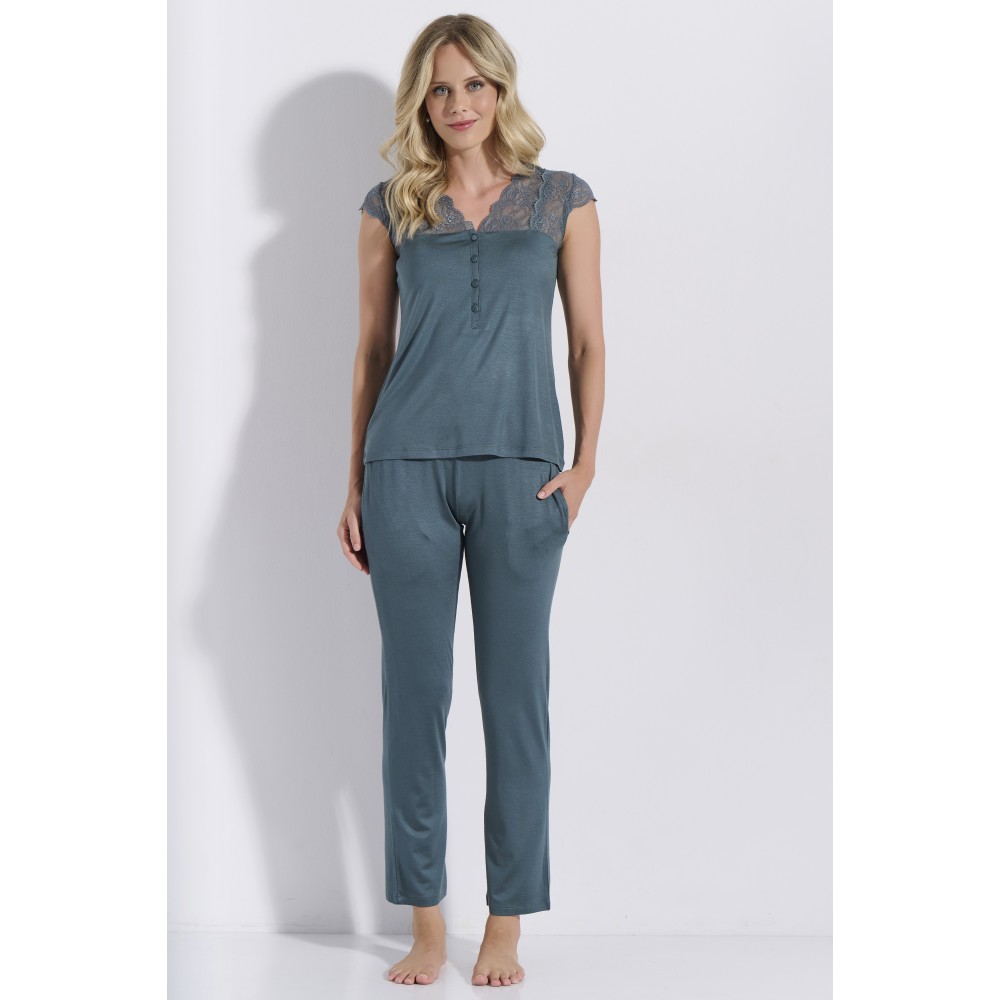 JEANNETTE 8022, Γυναικεία Καλοκαιρινή Πυτζάμα με μακρύ παντελόνι, FOREST