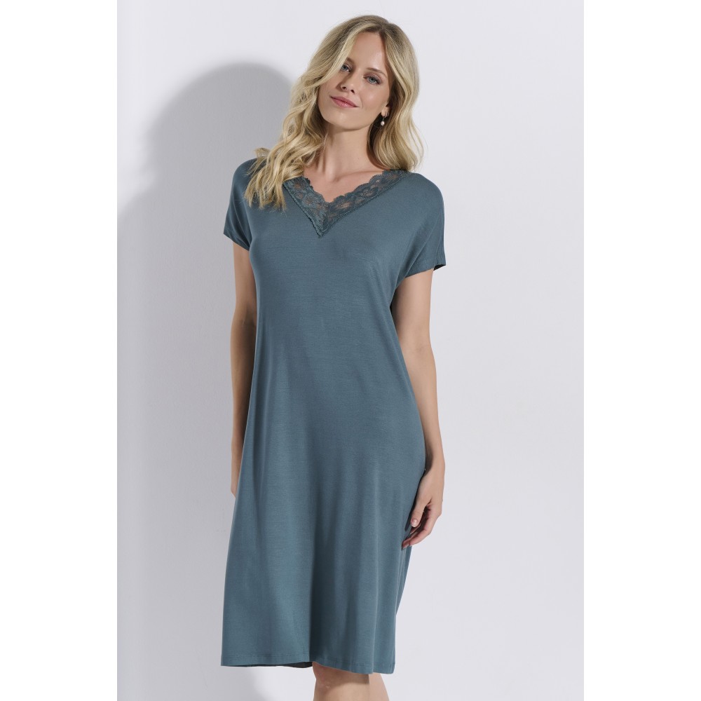 JEANNETTE 8229, Γυναικείο Νυχτικό Κοντό Μανίκι με Δαντέλα, FOREST