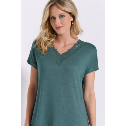 JEANNETTE 8229, Γυναικείο Νυχτικό Κοντό Μανίκι με Δαντέλα, FOREST