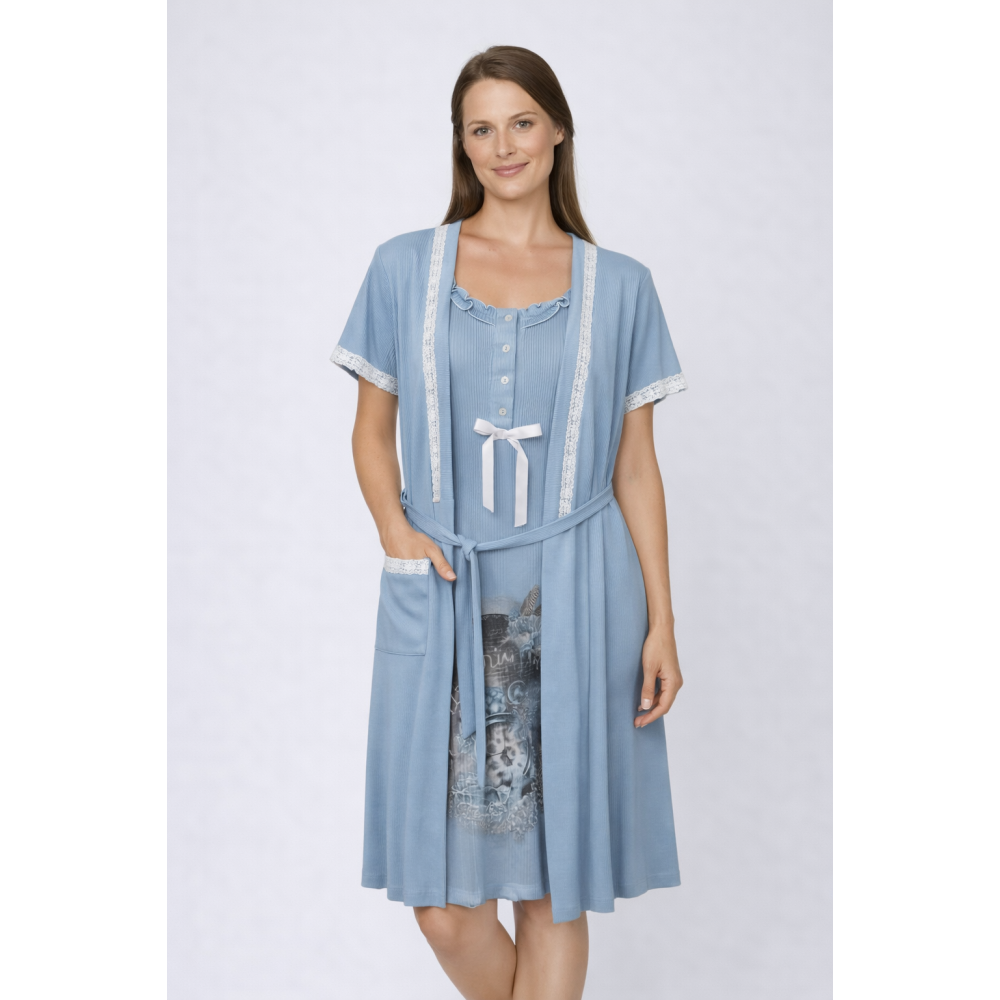 Γυναικείο Σετ Νυχτικό και Ρόμπα Jeannette 5629 Βαμβακερό Rib με στάμπα Paris,  Idigo