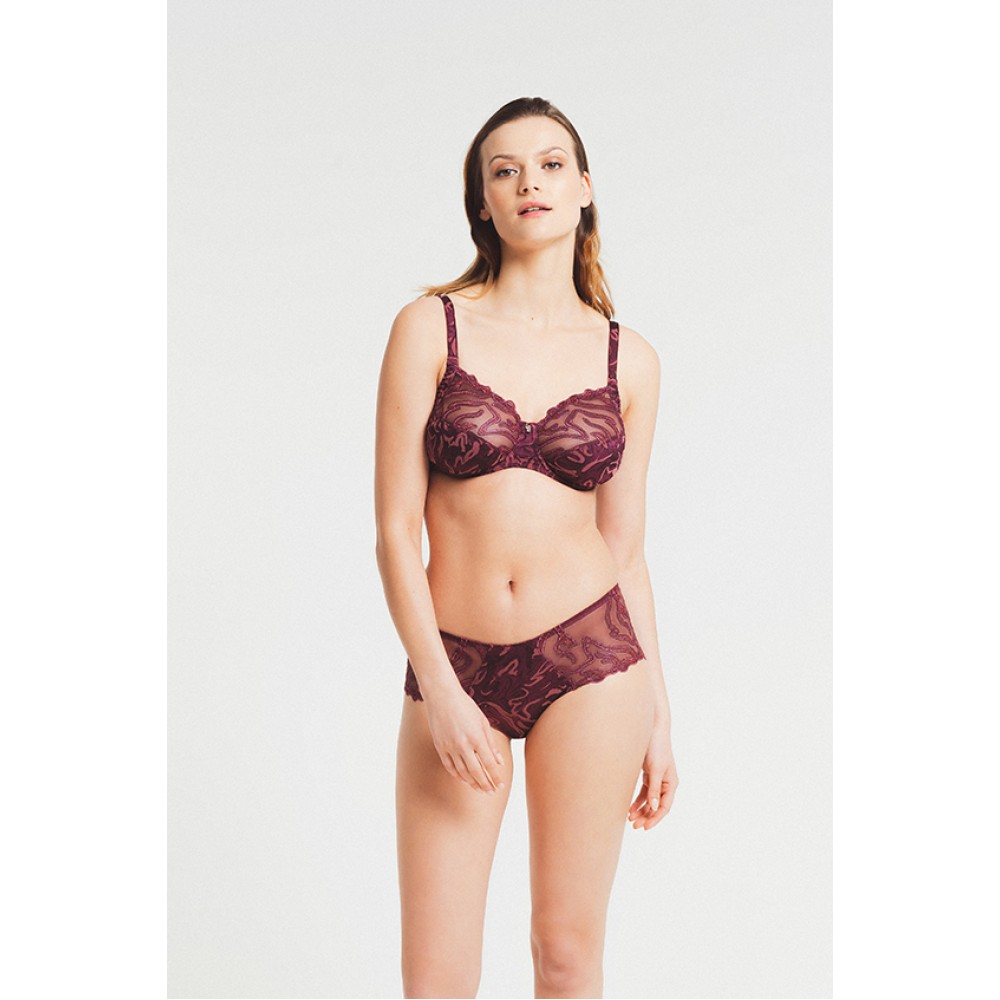 Louisa Bracq 497-40 VORTEX SHORTY, Γυναικείο Κυλοτάκι ελαφρώς ψηλόμεσο από γαλλική δαντέλα, ΜΠΟΡΝΤΟ