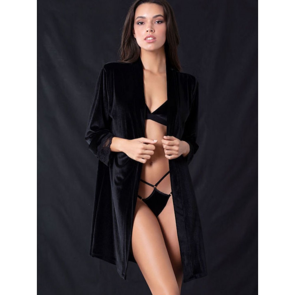 Ρόμπα Βελούδο Milena By Paris 005307, με δαντέλα, σταυρωτή με ζώνη  ΜΑΥΡΟ
