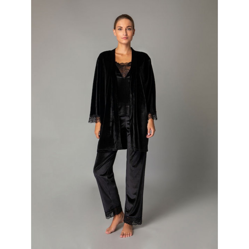 Ρόμπα Βελούδο Milena By Paris 005307, με δαντέλα, σταυρωτή με ζώνη  ΜΑΥΡΟ