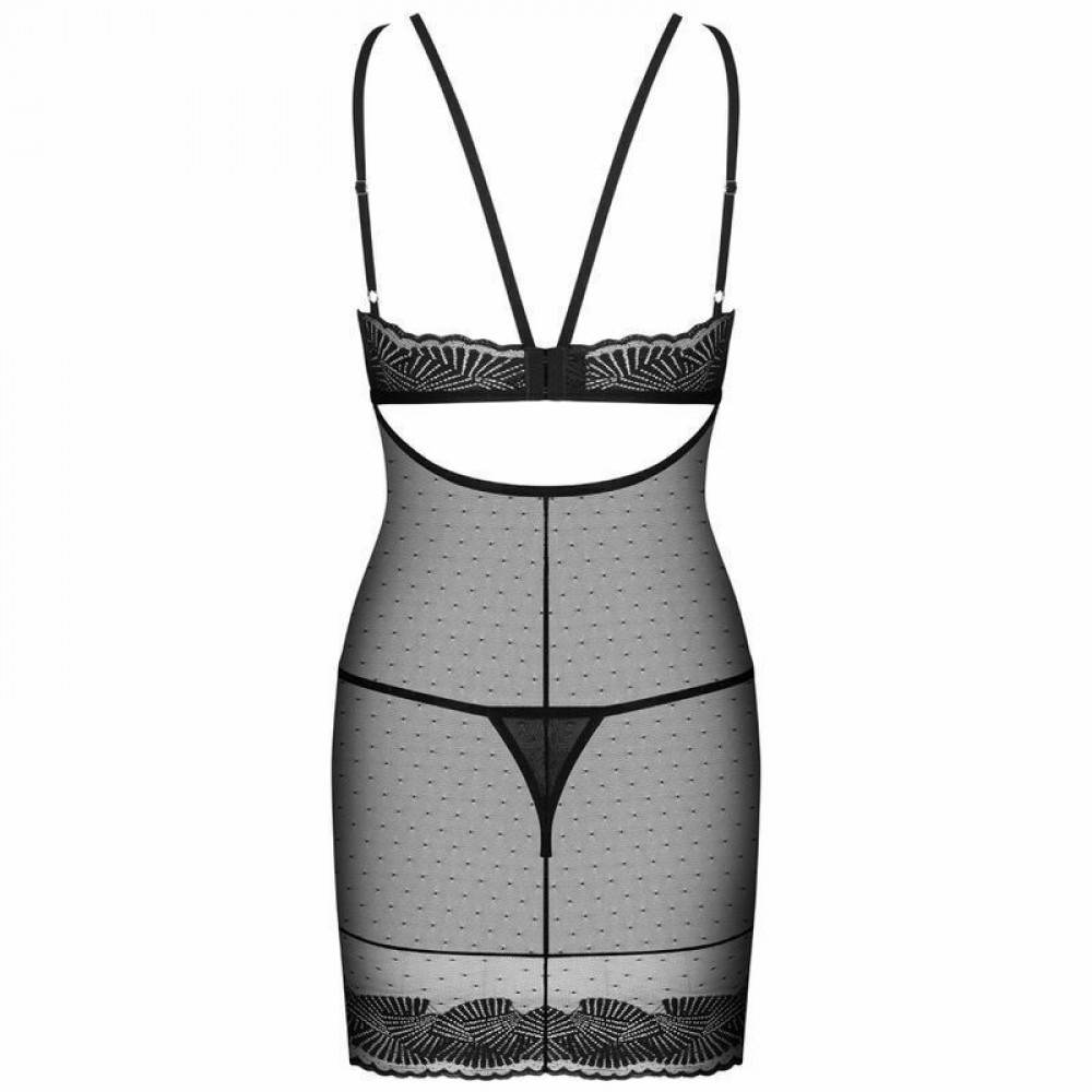 Obsessive Allastia Chemise and Thong , Γυναικείο Νεγκλιζέ από διάφανο τούλι και δαντέλα ΜΑΥΡΟ