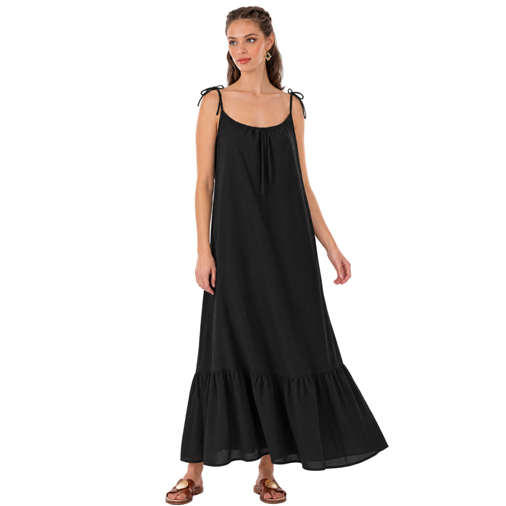 Platinum Fashion 22120-01, Γυναικείο Φόρεμα Μάξι με λεπτή τιράντα, ΜΑΥΡΟ