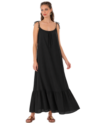 Platinum Fashion 22120-01, Γυναικείο Φόρεμα Μάξι με λεπτή τιράντα, ΜΑΥΡΟ