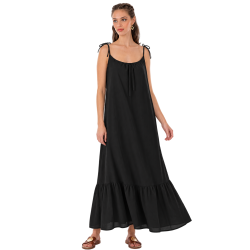 Platinum Fashion 22120-01, Γυναικείο Φόρεμα Μάξι με λεπτή τιράντα, ΜΑΥΡΟ