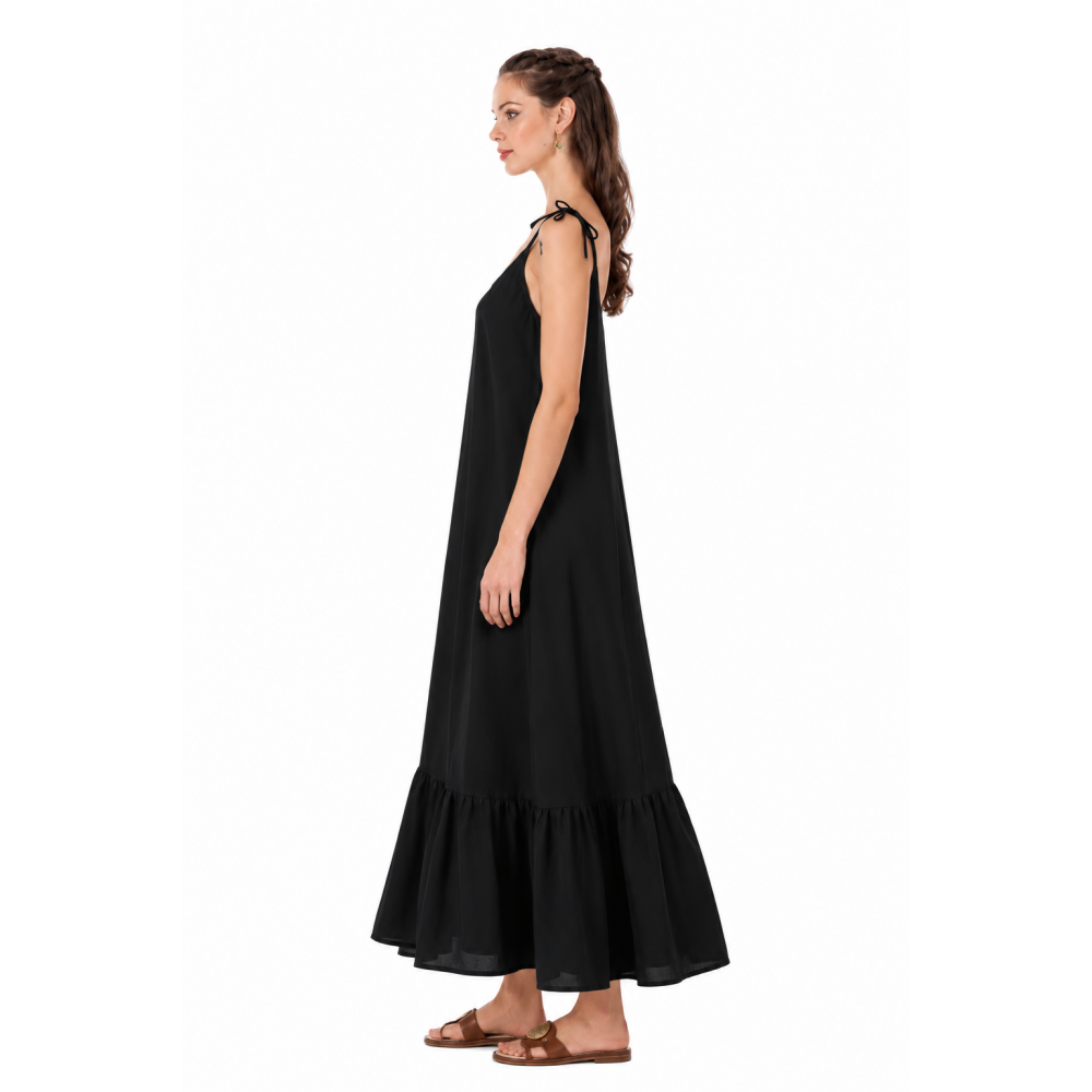 Platinum Fashion 22120-01, Γυναικείο Φόρεμα Μάξι με λεπτή τιράντα, ΜΑΥΡΟ