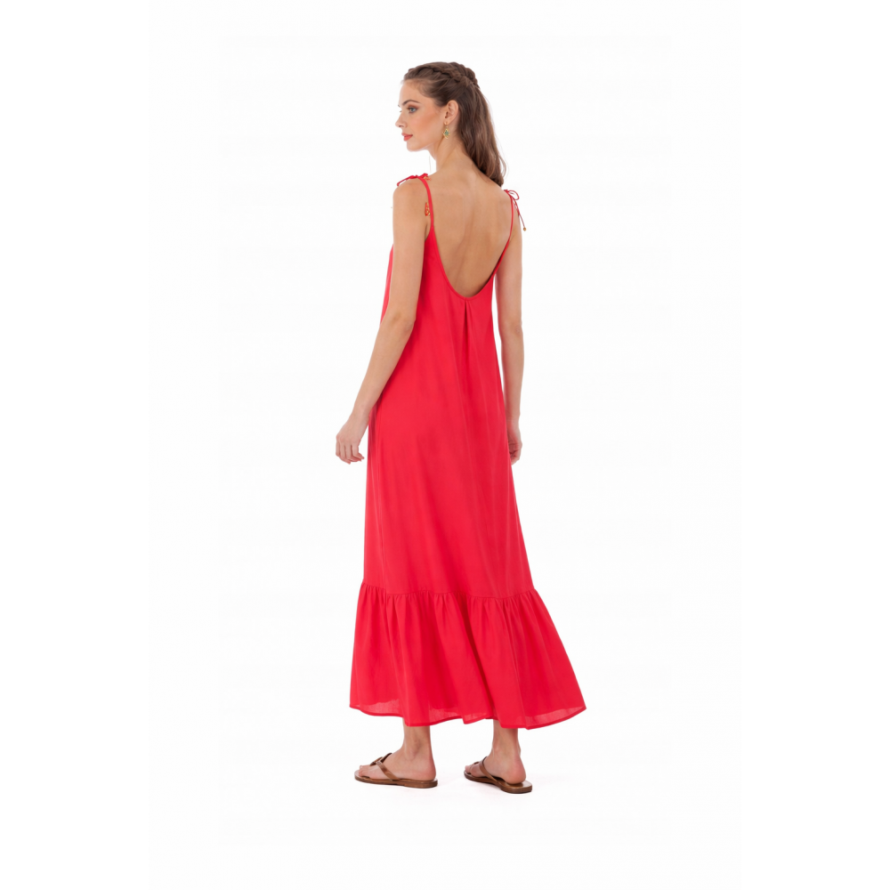 Platinum Fashion 22120, Γυναικείο Φόρεμα Μάξι με λεπτή τιράντα, ΚΟΡΑΛΛΙ