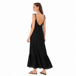 Platinum Fashion 22120-01, Γυναικείο Φόρεμα Μάξι με λεπτή τιράντα, ΜΑΥΡΟ