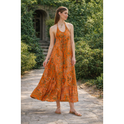 Platinum Fashion 423101, Γυναικείο Μάξι Φόρεμα Silk Touch με δέσιμο στο λαιμό, TERRACOTTA