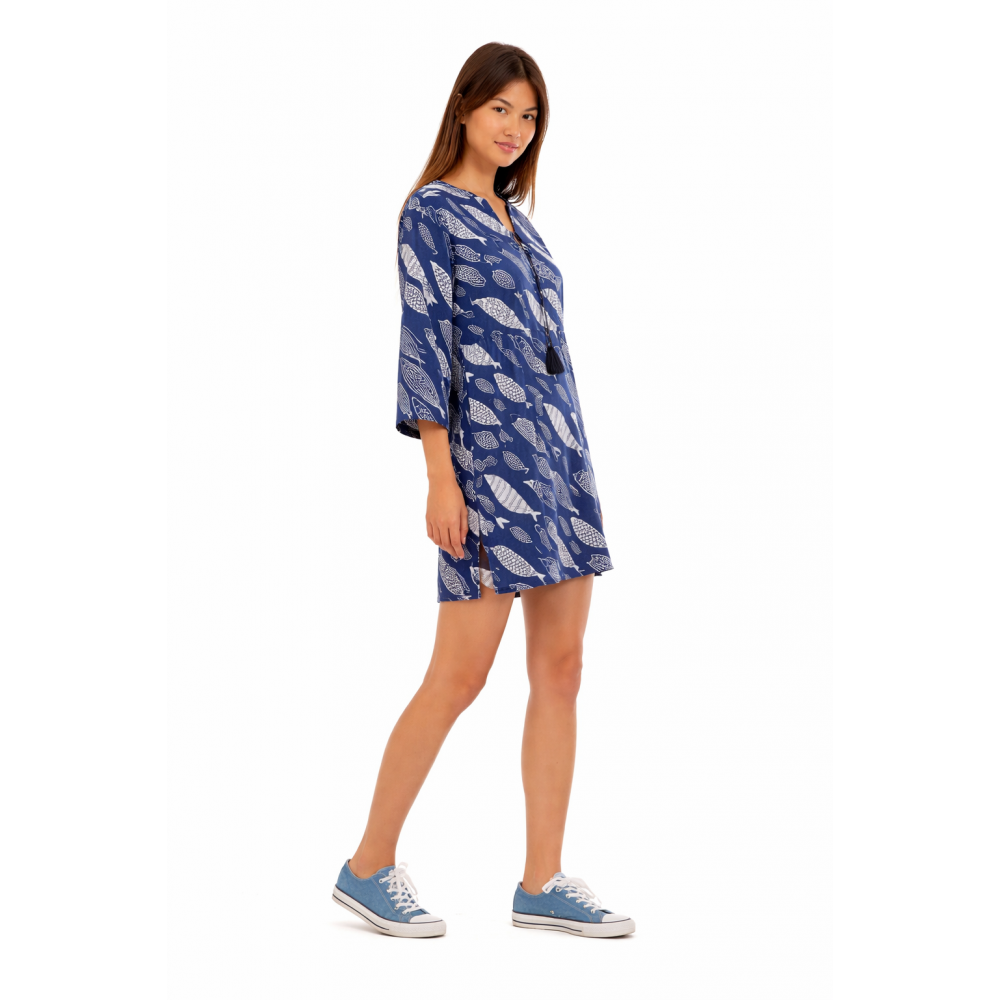 Platinum Fashion 42451, Γυναικείο Beachwear καφτάνι Κοντό με τρουακάρ μανίκι, ΜΠΛΕ