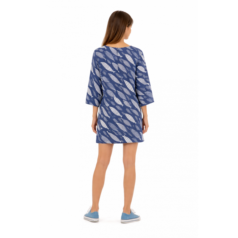 Platinum Fashion 42451, Γυναικείο Beachwear καφτάνι Κοντό με τρουακάρ μανίκι, ΜΠΛΕ