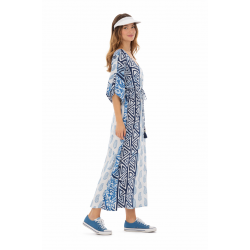 Platinum Fashion 42459, Γυναικείο Καφτάνι Μάξι με Adjuster, ΜΠΛΕ-ΑΣΠΡΟ