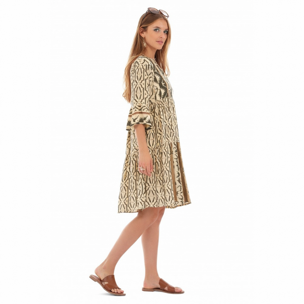 Platinum Fashion 42483, Γυναικείο Φόρεμα Midi σε Boho Style σε γήινες αποχρώσεις, ΛΑΔΙ-ΜΠΕΖ